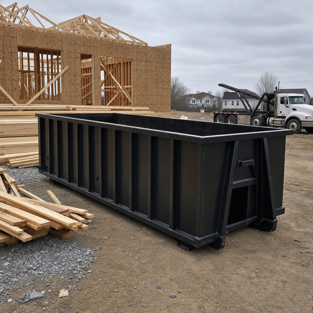 Matte-black 40-yard roll-off dumpster staged on a framed-out residential construction site in Joplin, framing lumber stacked nearby, hooklift delivery truck visible in the background under bright Colorado daylight