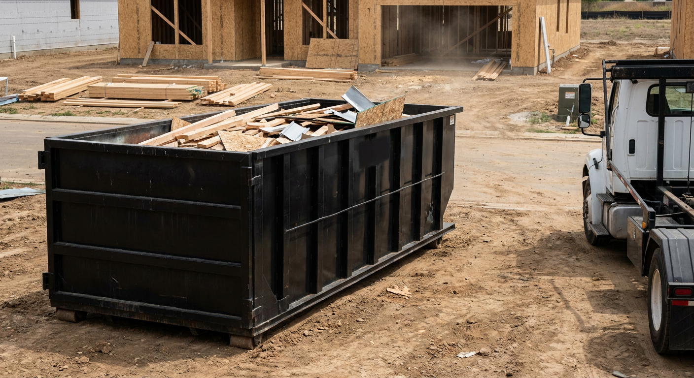 Matte-black 20-yard roll-off construction dumpster with heavy ribbed steel sidewalls and swing rear doors at a working jobsite in Joplin, sitting directly on compacted dirt with an unmarked white hauler partially visible at the far edge of the frame.
