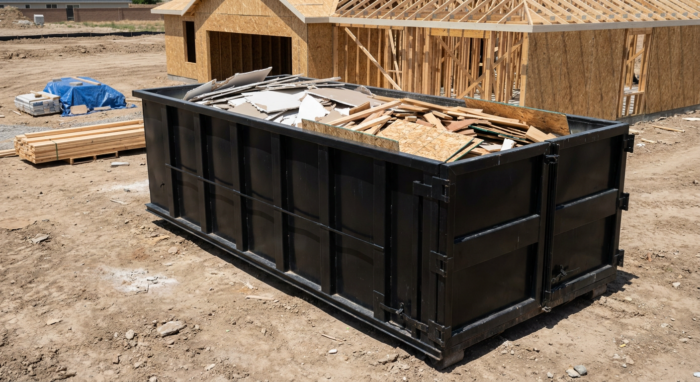 Matte-black 30-yard roll-off construction dumpster sitting directly on the compacted-dirt site of a framed single-family home build in Joplin, drywall and lumber scrap loaded inside.