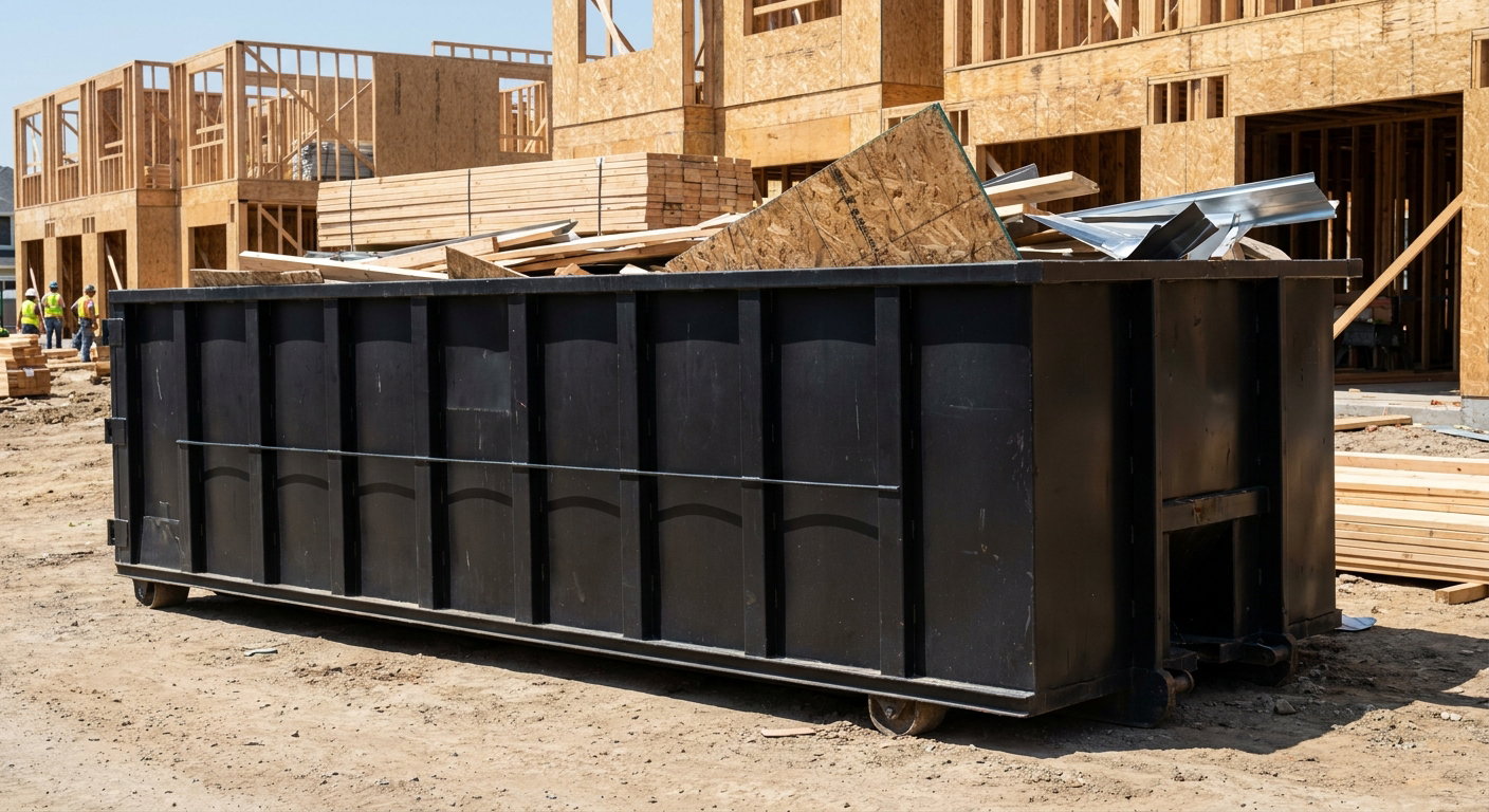 Matte-black 40-yard roll-off construction dumpster being lowered from a white-cab hooklift delivery truck onto the compacted-dirt jobsite at a commercial build site in Joplin