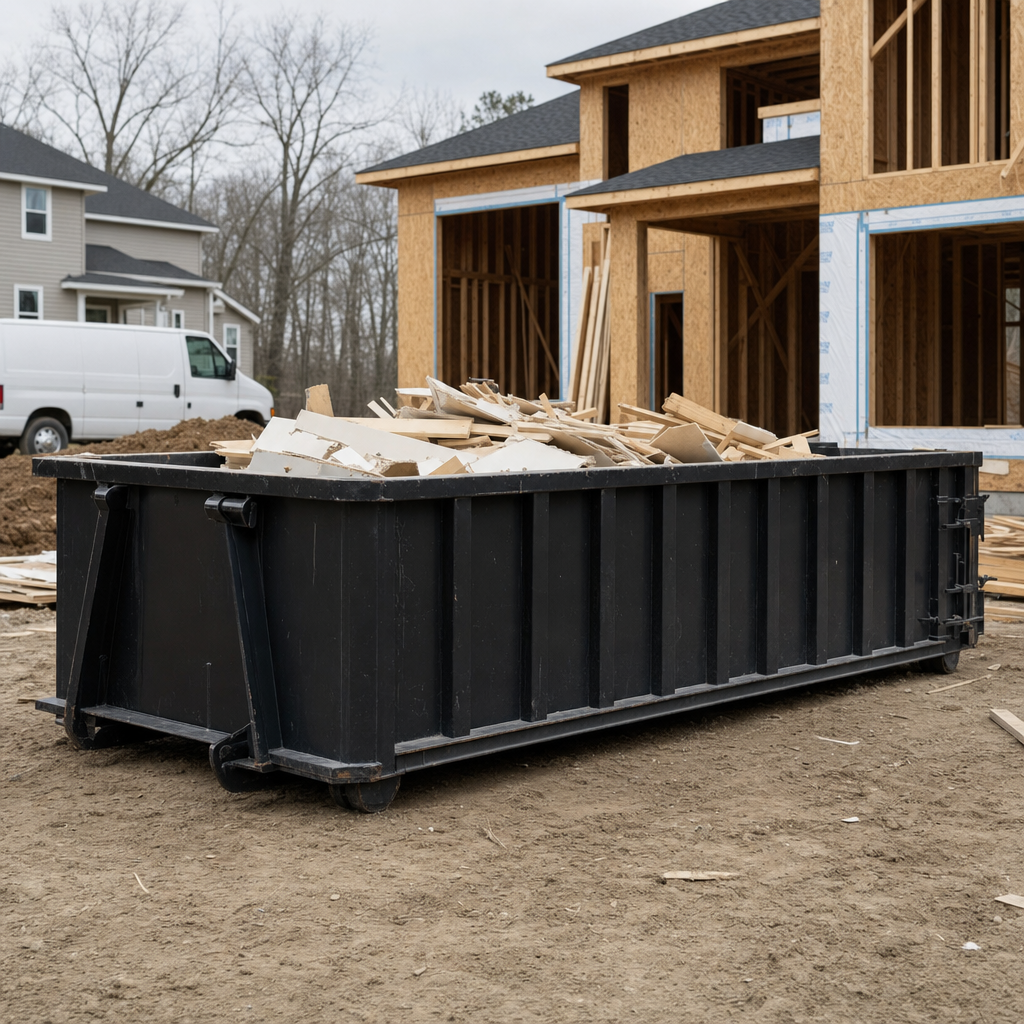 Worker in a yellow high-visibility vest tossing framing lumber and broken drywall into a matte-black 30-yard construction roll-off dumpster on an active build site in Joplin, bright daylight