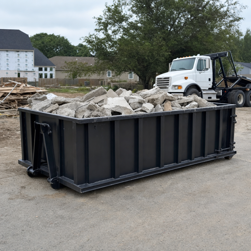 Low-profile matte-black lowboy roll-off dumpster loaded with broken concrete slab and rebar at a foundation tear-out in Joplin, skid steer parked beside it, sunny Colorado morning