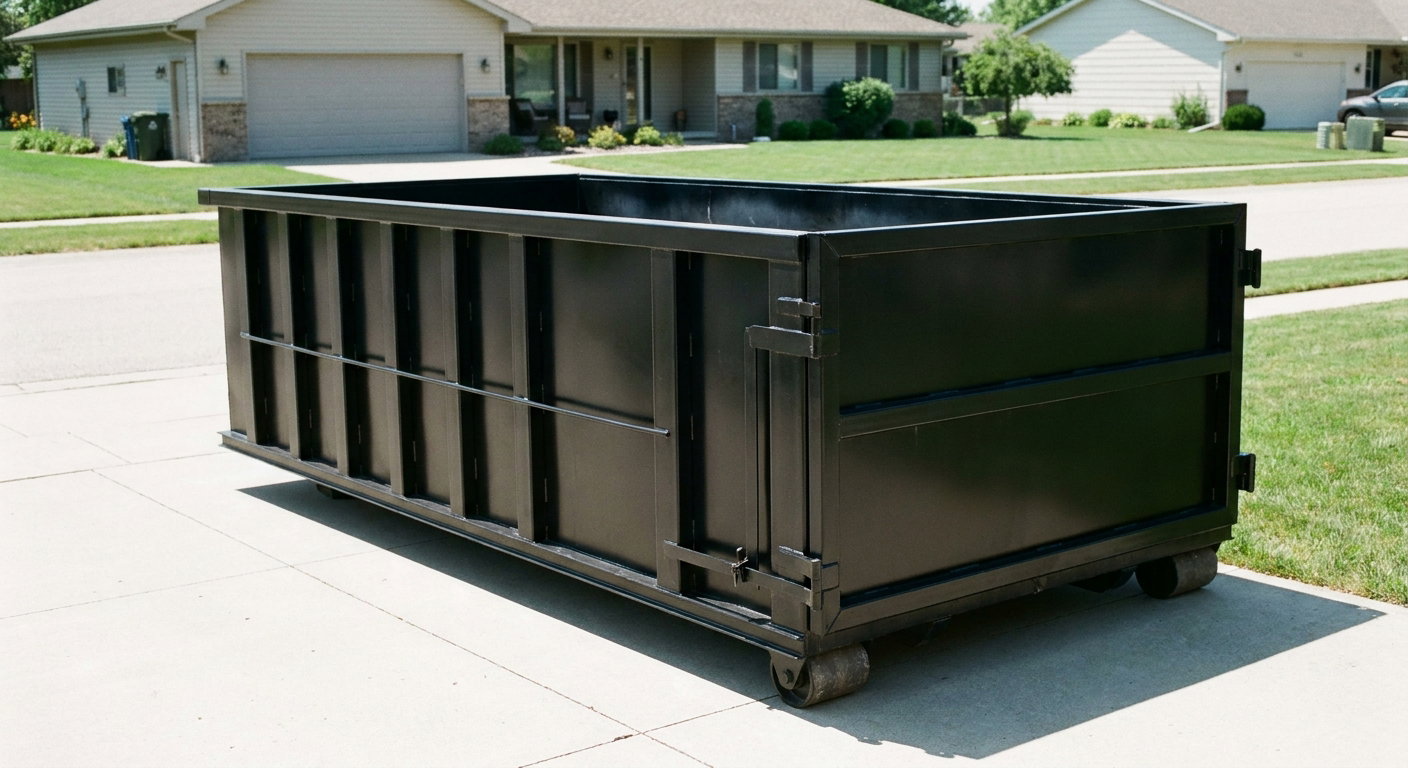 Matte-black 10-yard roll-off dumpster on a residential concrete driveway in Joplin, uniformly painted matte black across every panel and rail, ribbed steel sidewalls and rear swing door visible, mid-day daylight.