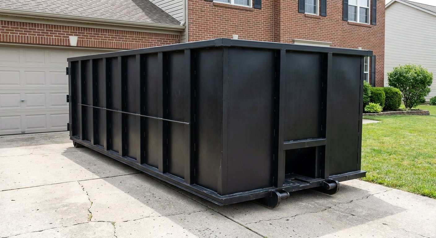 Matte-black 20-yard roll-off container on a Joplin residential concrete driveway with reinforced ribbed steel sidewalls and a hinged rear walk-in door, clean bright daylight.