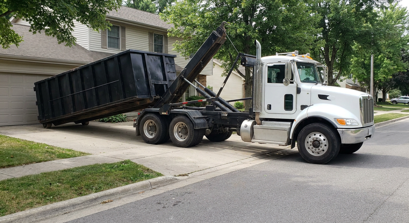 White-cab hooklift roll-off truck actively lowering a matte-black dumpster onto a Joplin residential concrete driveway, the dumpster's rear wheels touching the driveway as the hoist arm tilts the bed forward, mid-morning daylight.
