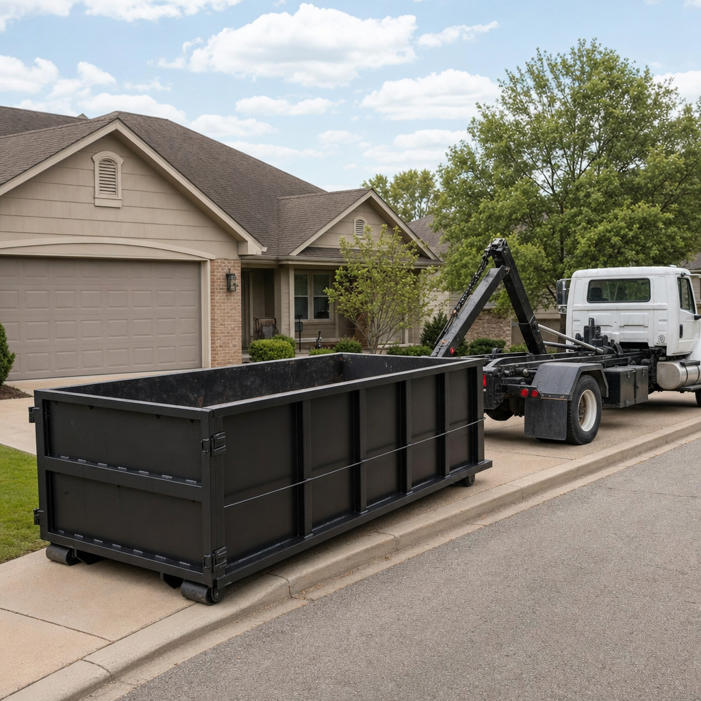 Wide documentary shot of a matte-black roll-off dumpster on a Joplin residential driveway in the foreground and a contractor jobsite container in the soft-focus background, bright daylight, calm and orderly composition.