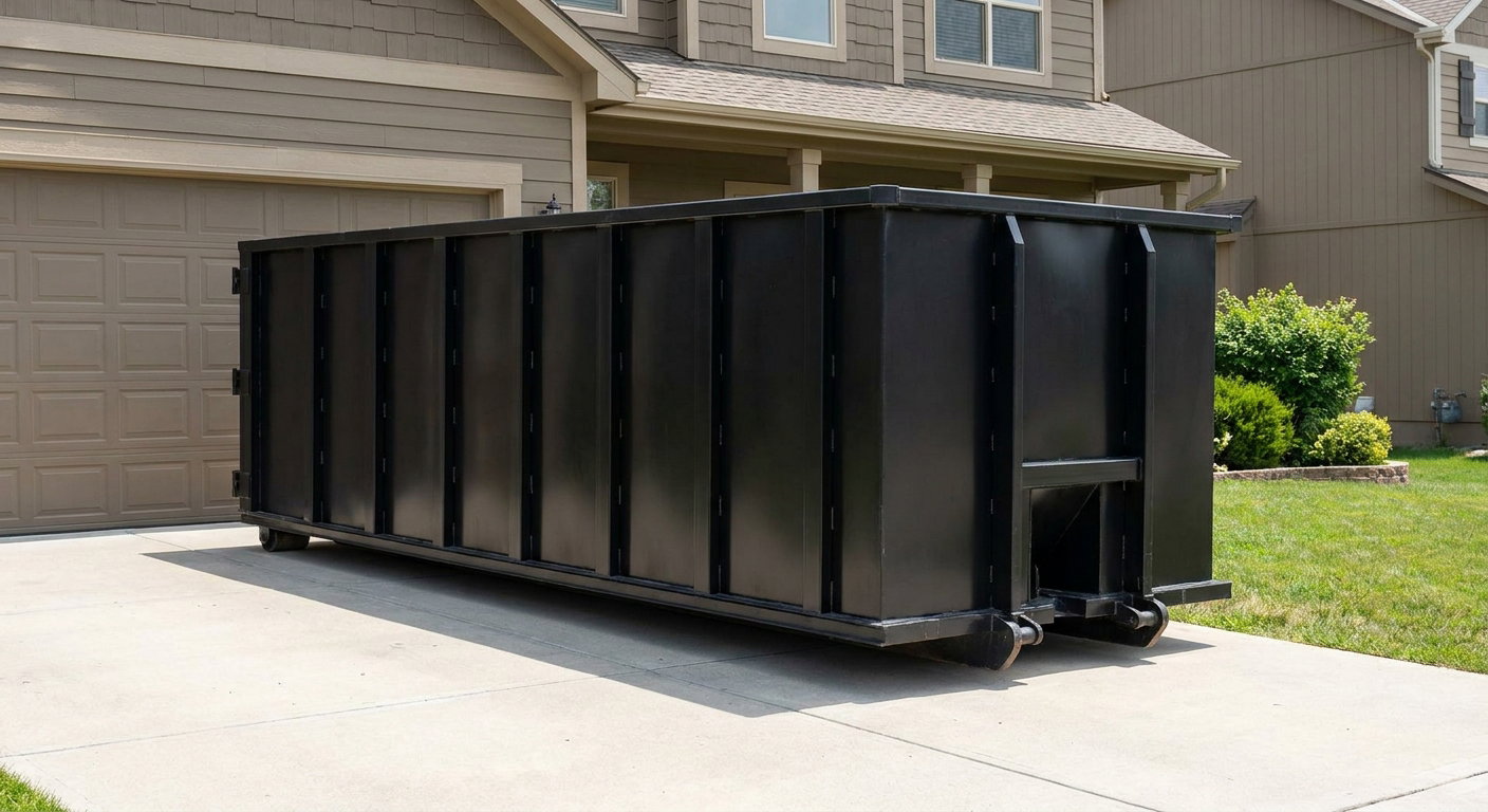 Matte-black residential roll-off dumpster sitting directly on a suburban Joplin concrete driveway, garage door closed, single-family home in background, bright morning daylight.