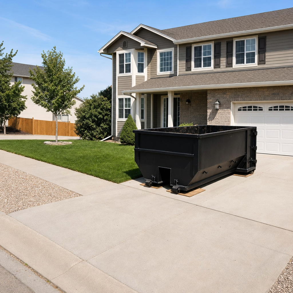 10-yard matte-black residential dumpster placed directly on a narrow Joplin concrete driveway, room remains for a parked sedan beside it, mid-morning natural light