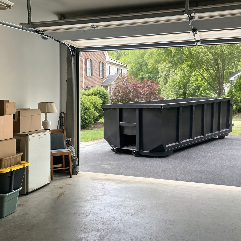 Open garage interior in a Joplin home mid-cleanout — boxed items, an old appliance, and stacked yard tools queued near the driveway for a matte-black roll-off dumpster, organized and calm