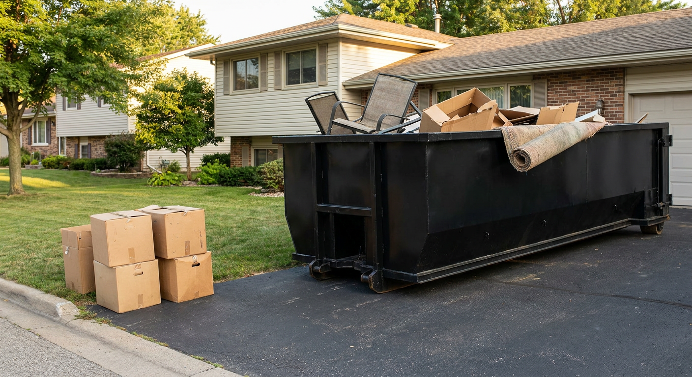 Front-yard view of a Joplin split-level home with a 20-yard matte-black roll-off dumpster sitting directly on the asphalt driveway, a few clearly labeled donation boxes staged at the curb, calm sunny afternoon.