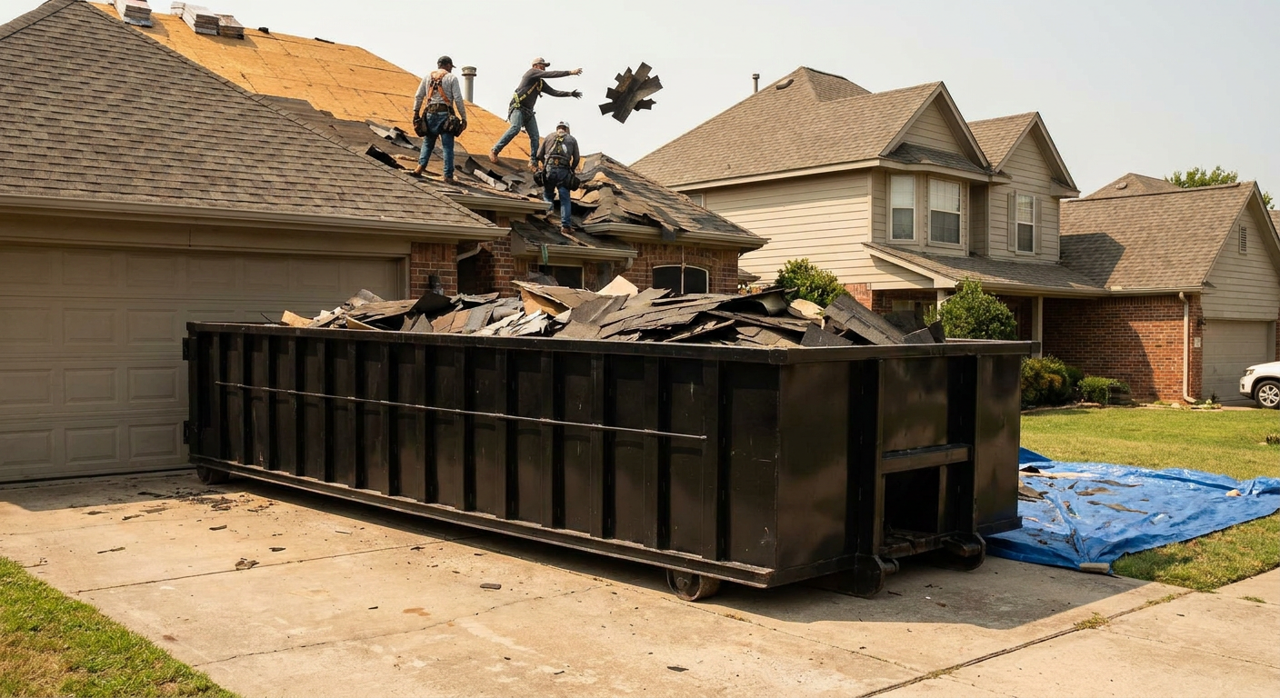 Matte-black roofing roll-off dumpster placed directly on a Joplin residential concrete driveway, a tear-off crew on a two-story asphalt-shingle roof tossing shingle bundles into the low-walled container, bright daylight, documentary 35mm perspective.