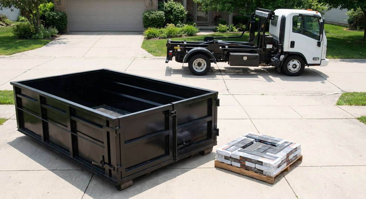 Matte-black 15-yard roofing roll-off dumpster with reinforced low side walls sitting directly on a Joplin residential concrete driveway, three-tab asphalt shingle bundles stacked nearby, an unmarked white hauler truck partially visible at the edge of the frame.