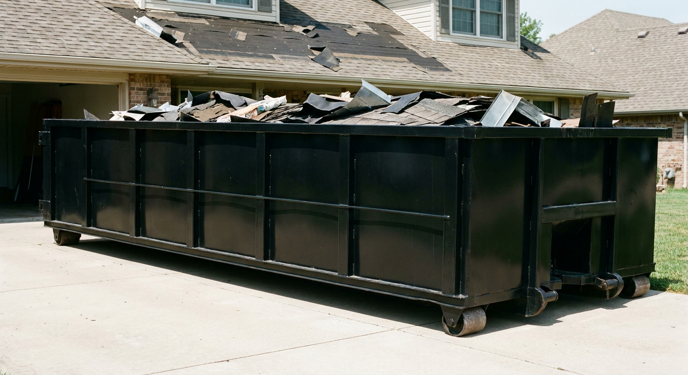Matte-black 20-yard roofing roll-off dumpster with steel ribbed sides and swinging rear door, sitting directly on the concrete driveway of a two-story Joplin home, asphalt shingle debris being loaded over the low wall, clean documentary lighting.