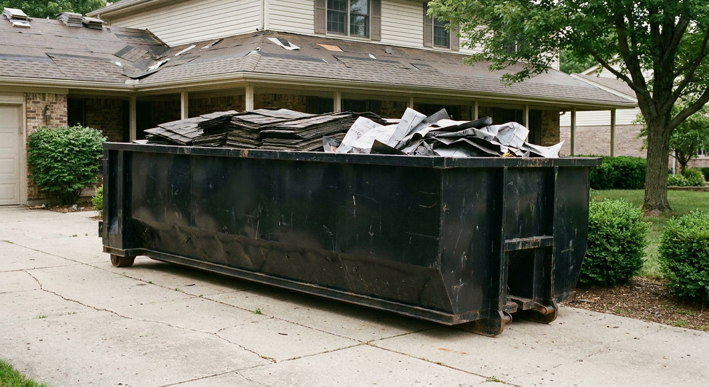 Matte-black 30-yard roofing roll-off dumpster sitting directly on a Joplin concrete driveway, taller ribbed steel side panels, mixed tear-off debris of asphalt shingles and underlayment inside, professional documentary daylight.