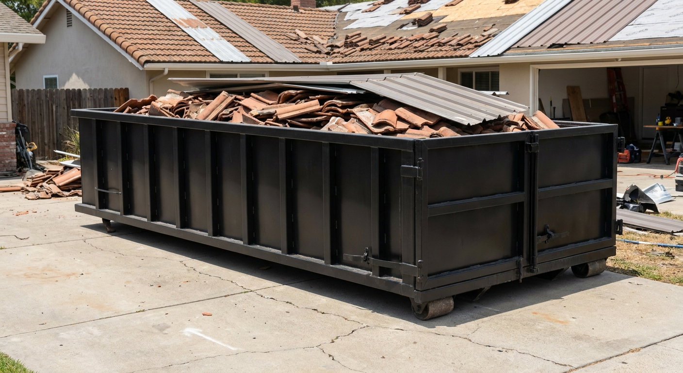 Matte-black low-wall heavy-debris roofing roll-off dumpster sitting directly on a Joplin concrete driveway, broken concrete clay roof tiles and metal panel sections loaded inside, reinforced ribbed steel side walls visible, bright outdoor daylight.