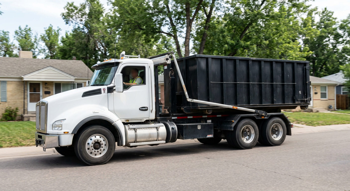 A wide documentary shot of a matte-black roll-off delivery truck pulling onto a quiet Joplin residential street at mid-morning, with neighborhood rooftops and tree-lined blocks visible behind, showing the metro coverage footprint.