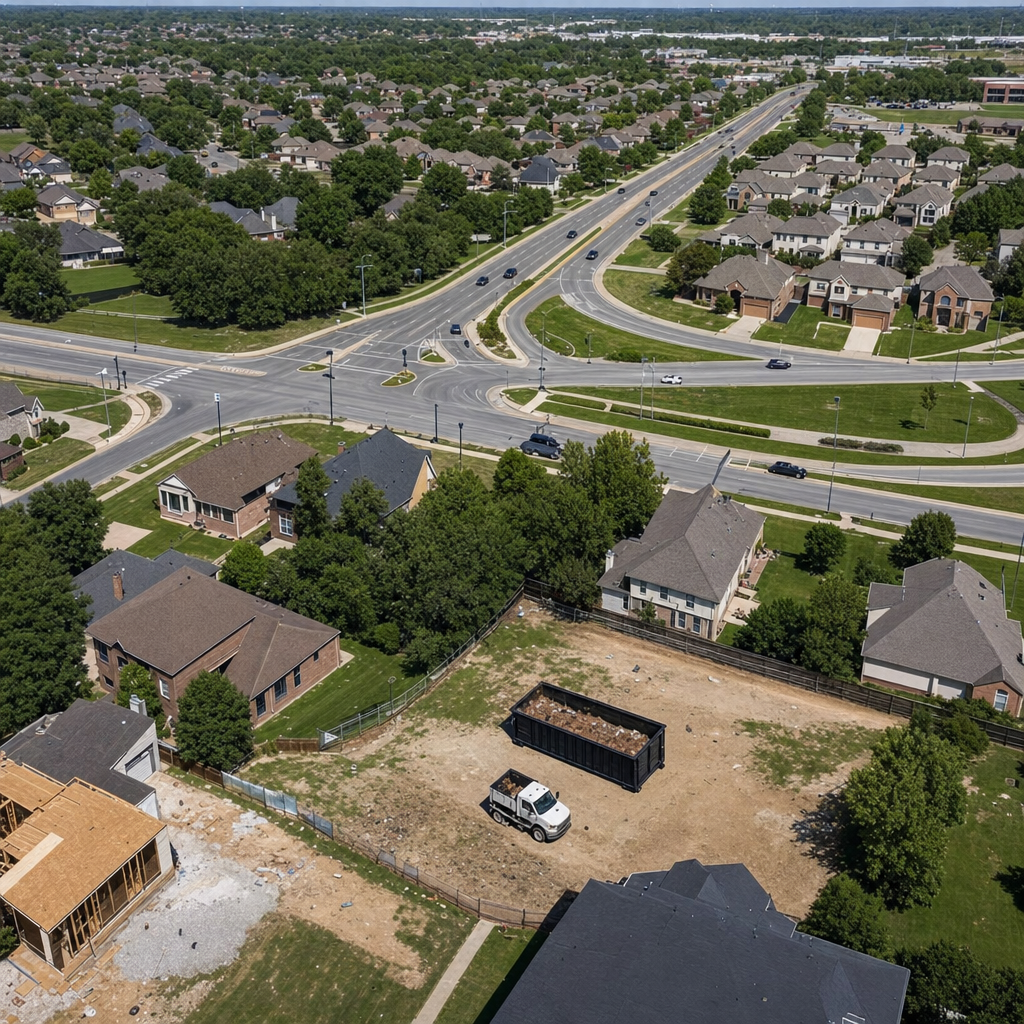 An overhead documentary view of the Joplin metro area at midday, showing the spread of neighborhoods, arterial roads, and the dispatch radius from a central yard — clean daylight, organized geographic layout.