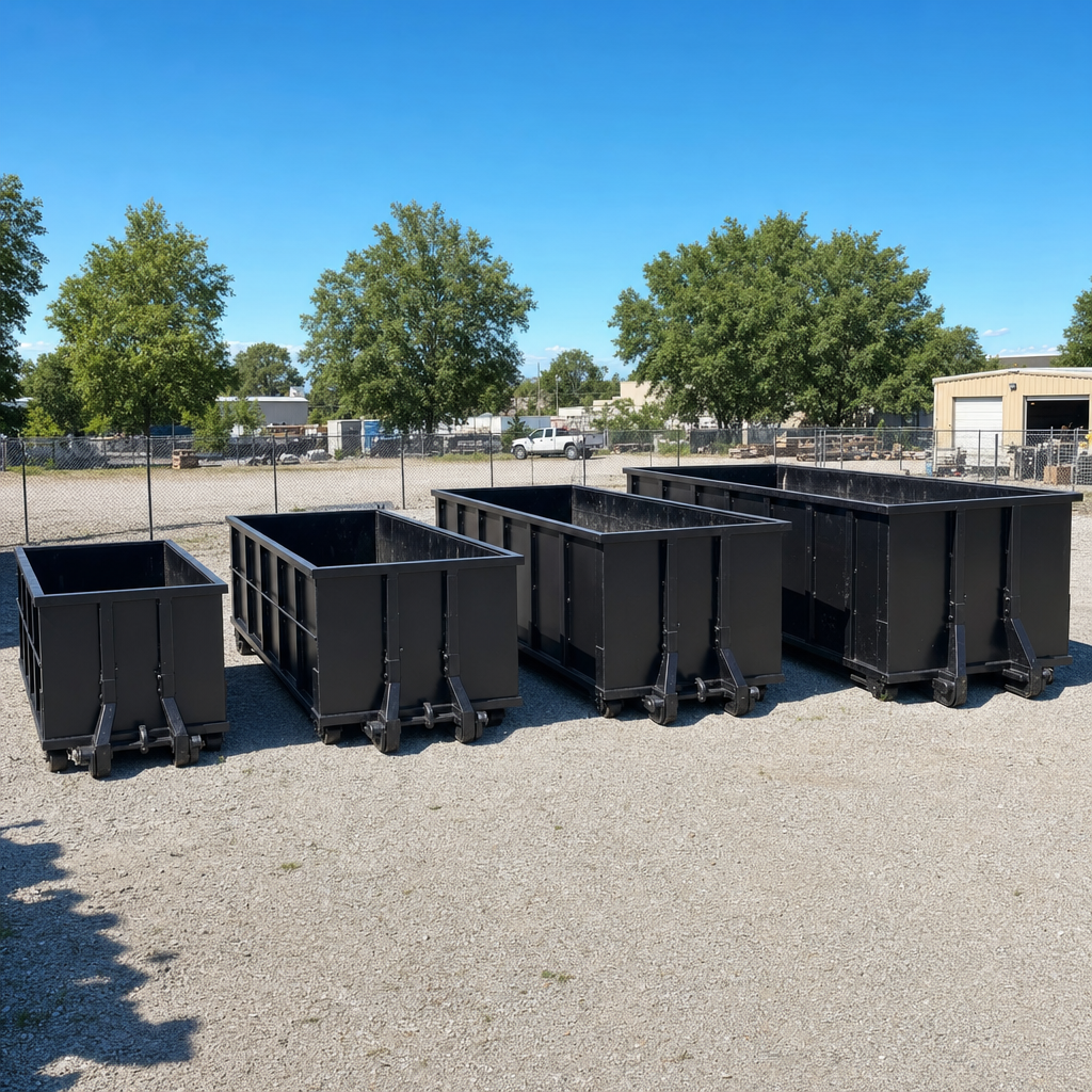 A clean lineup of matte-black roll-off dumpsters in 10, 20, 30, and 40-yard sizes staged on a sunlit gravel yard in Joplin, showing the size progression from compact to commercial-scale containers.