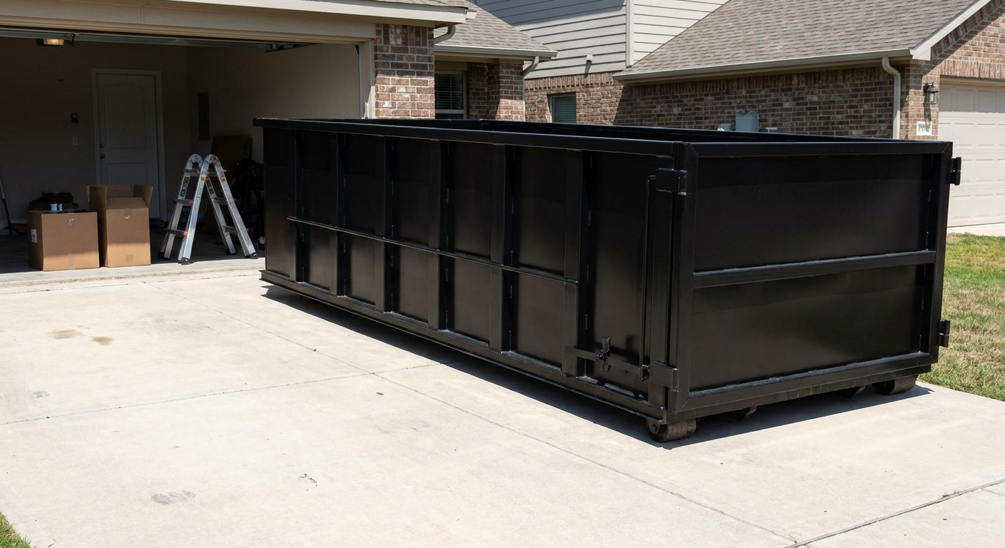 A matte-black 10-yard roll-off dumpster sitting directly on a residential Joplin concrete driveway, mid-day sunlight, clean and ready for a garage cleanout.