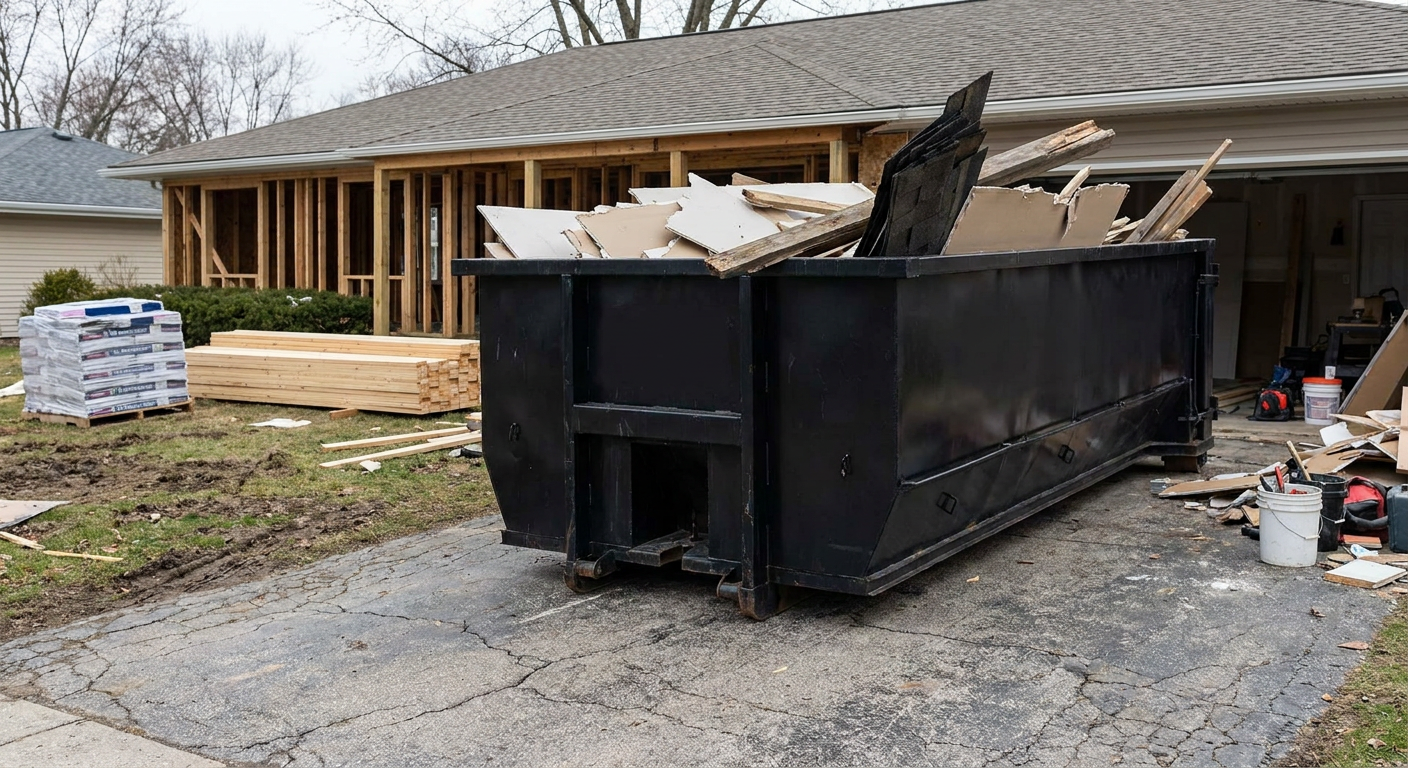 A matte-black 20-yard roll-off dumpster placed alongside a mid-renovation Joplin home directly on the asphalt driveway, with framing materials and torn-off shingles staged neatly nearby.