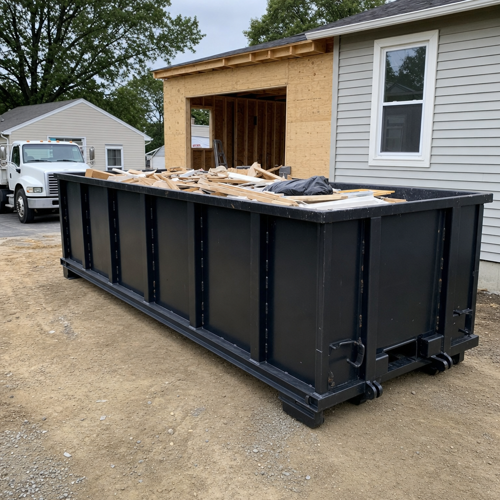A matte-black 30-yard roll-off dumpster positioned at a Joplin residential addition jobsite, with framing lumber and drywall scraps loaded through the open swinging rear doors.