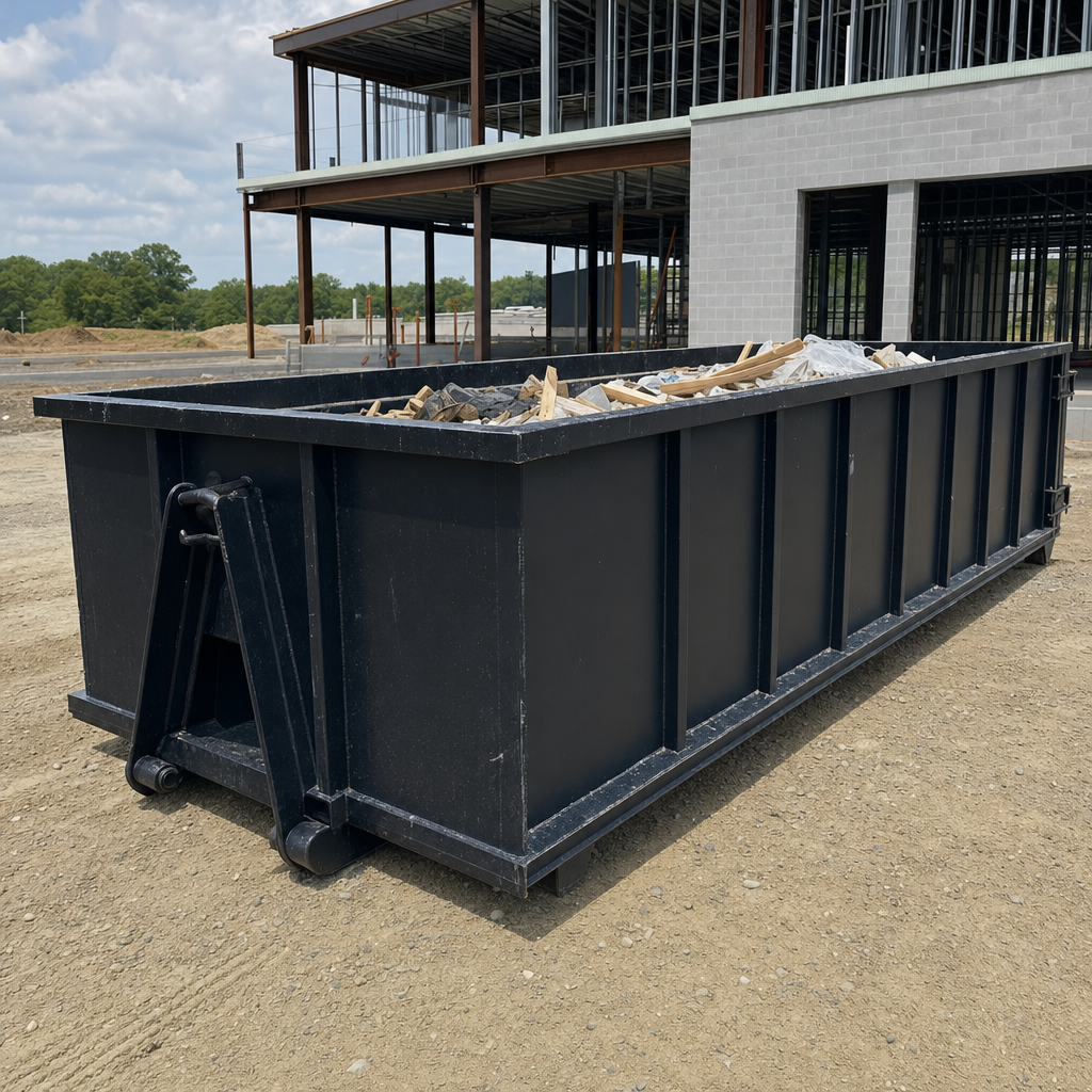 A matte-black 40-yard roll-off dumpster staged on a large Joplin commercial construction lot, with a hooklift delivery truck parked alongside under bright midday sky.