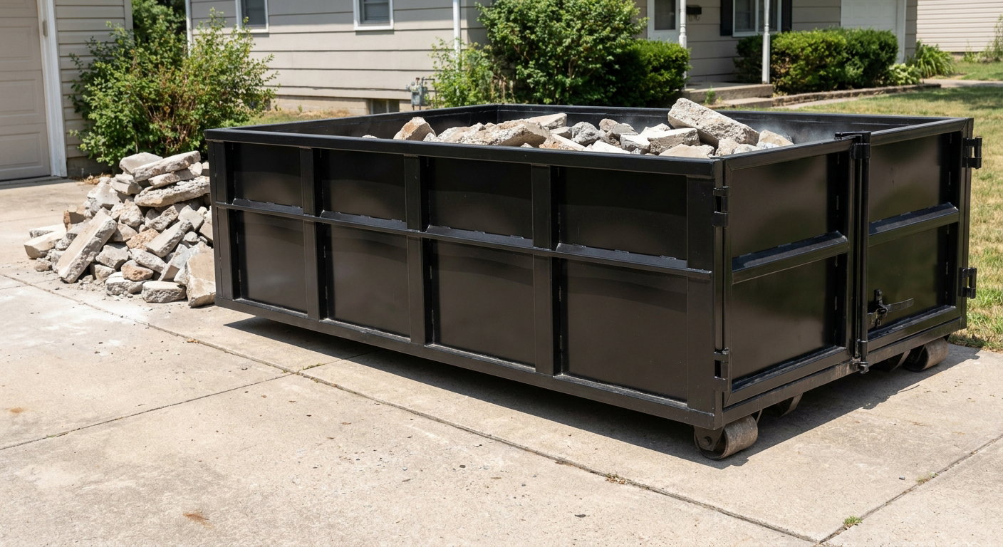 A matte-black low-side heavy-debris roll-off dumpster placed directly on a Joplin concrete driveway, with broken concrete chunks neatly stacked beside it under clean daylight.